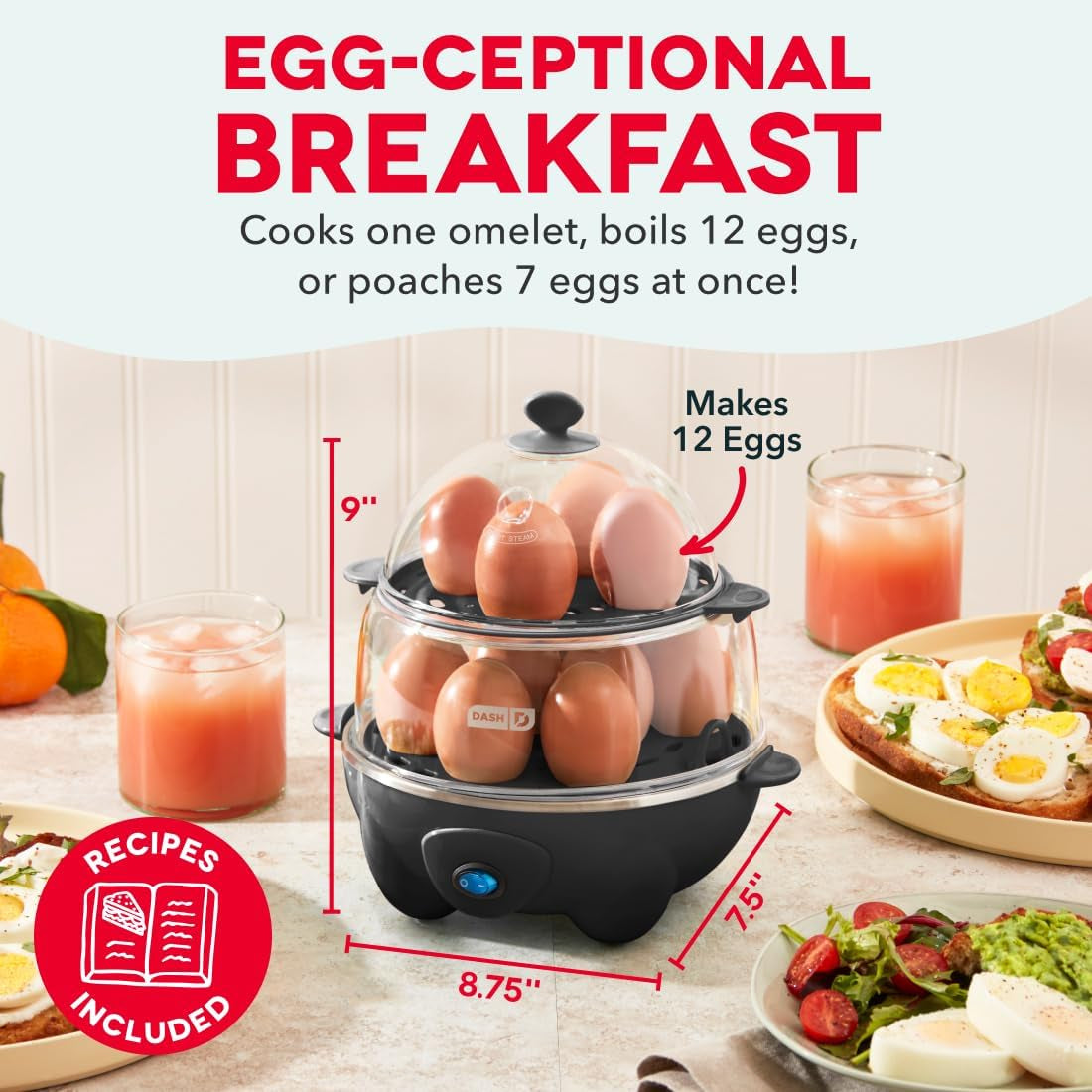 Deluxe Egg Cooker, 12 Hard Boiled Eggs, Black